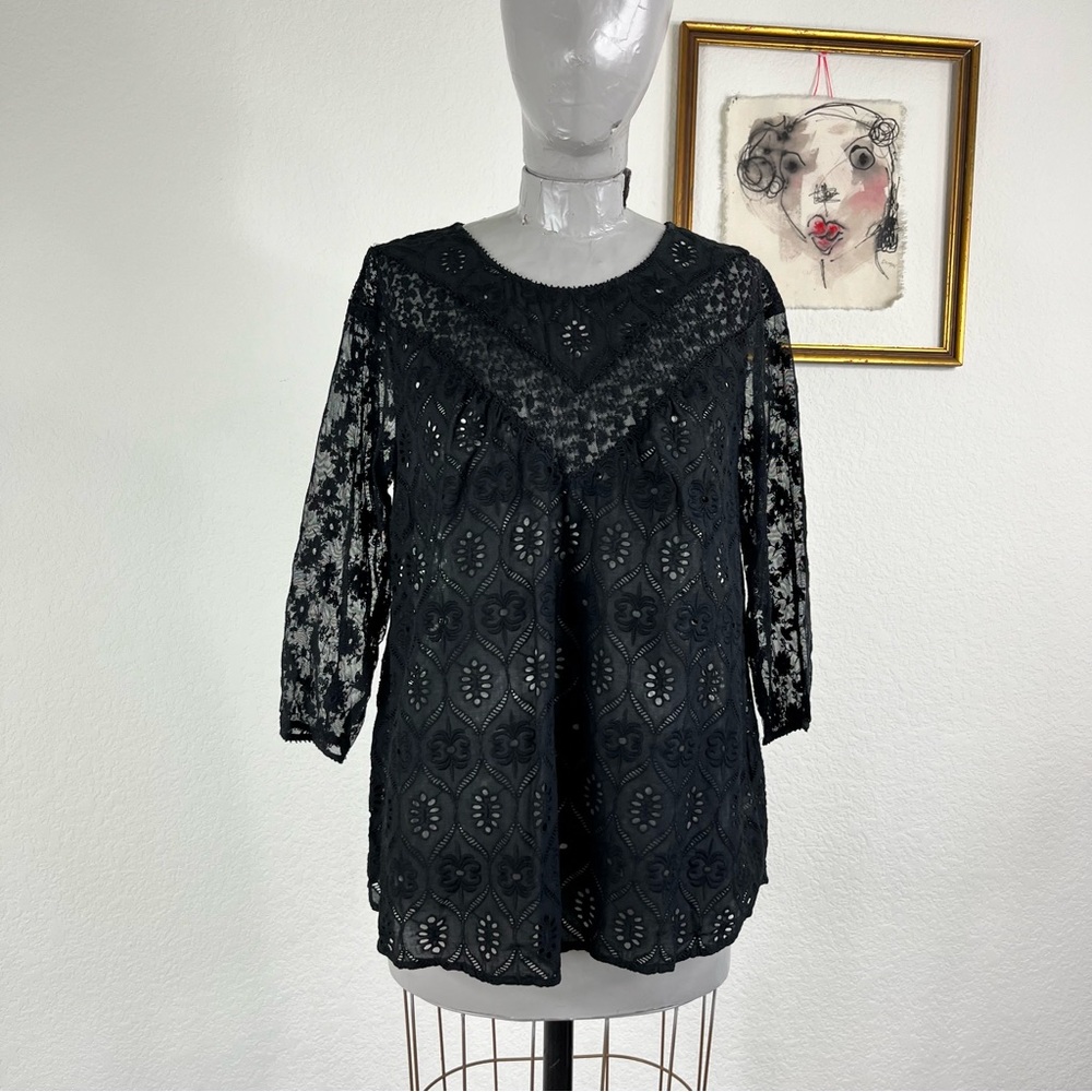 Anthropologie Fleur Wood Black Eyelet Lace Blouse